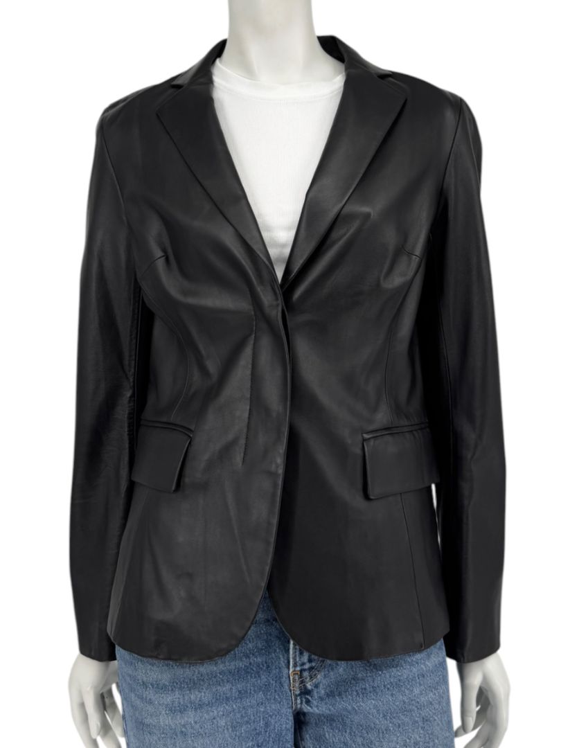 DKNY Black Genuine Leather Blazer Jacket Size 6 Tailored Notch Lapel Soft Leather