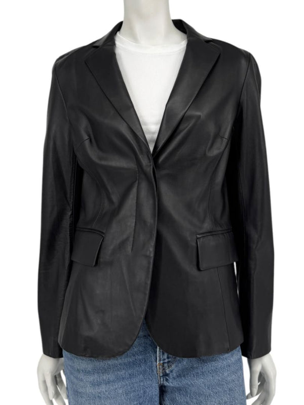 DKNY Black Genuine Leather Blazer Jacket Size 6 Tailored Notch Lapel Soft Leather