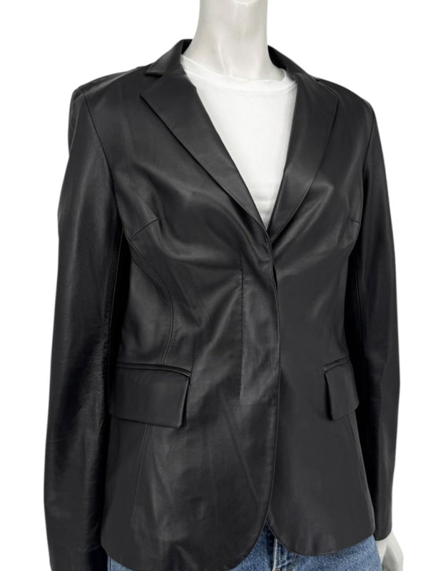 DKNY Black Genuine Leather Blazer Jacket Size 6 Tailored Notch Lapel Soft Leather