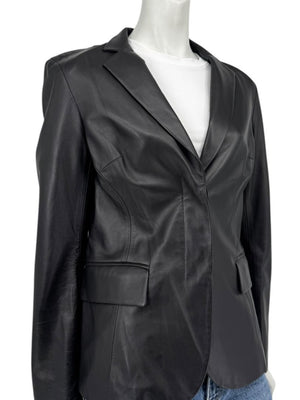 DKNY Black Genuine Leather Blazer Jacket Size 6 Tailored Notch Lapel Soft Leather