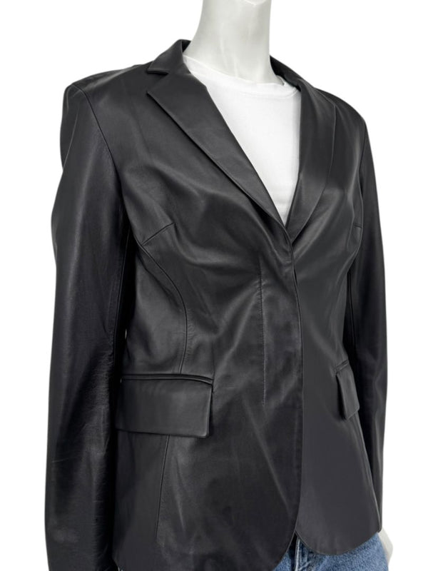 DKNY Black Genuine Leather Blazer Jacket Size 6 Tailored Notch Lapel Soft Leather