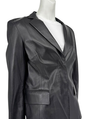 DKNY Black Genuine Leather Blazer Jacket Size 6 Tailored Notch Lapel Soft Leather