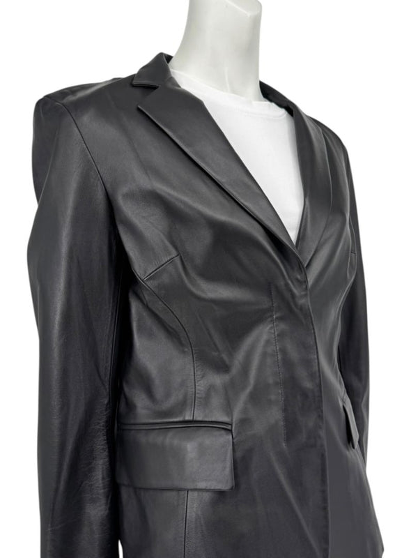 DKNY Black Genuine Leather Blazer Jacket Size 6 Tailored Notch Lapel Soft Leather