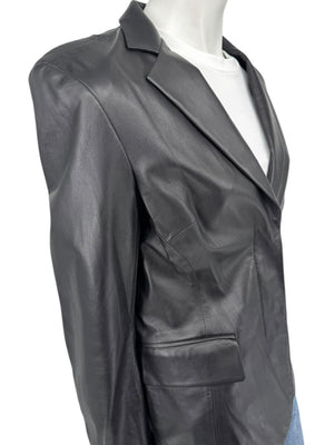 DKNY Black Genuine Leather Blazer Jacket Size 6 Tailored Notch Lapel Soft Leather