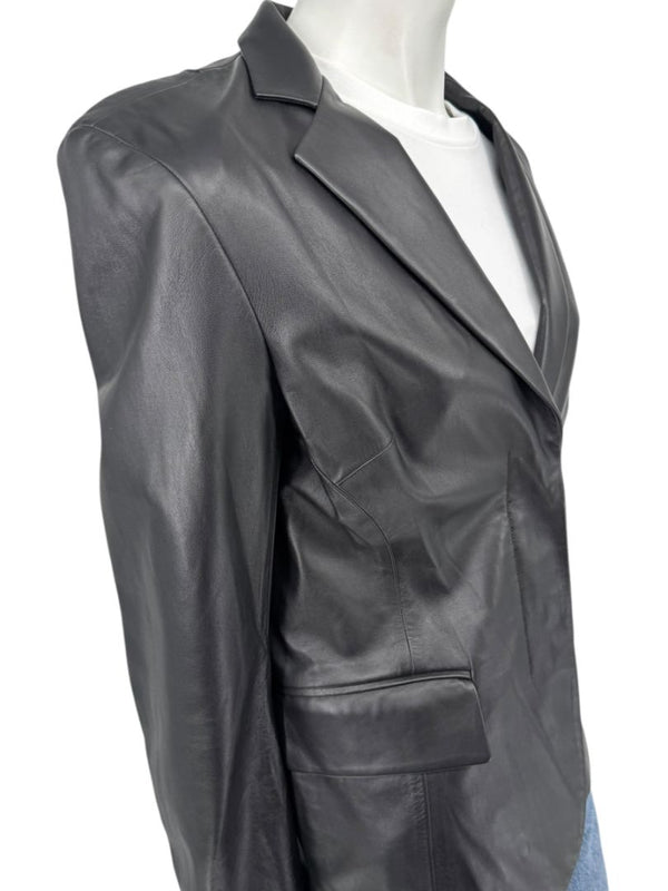 DKNY Black Genuine Leather Blazer Jacket Size 6 Tailored Notch Lapel Soft Leather