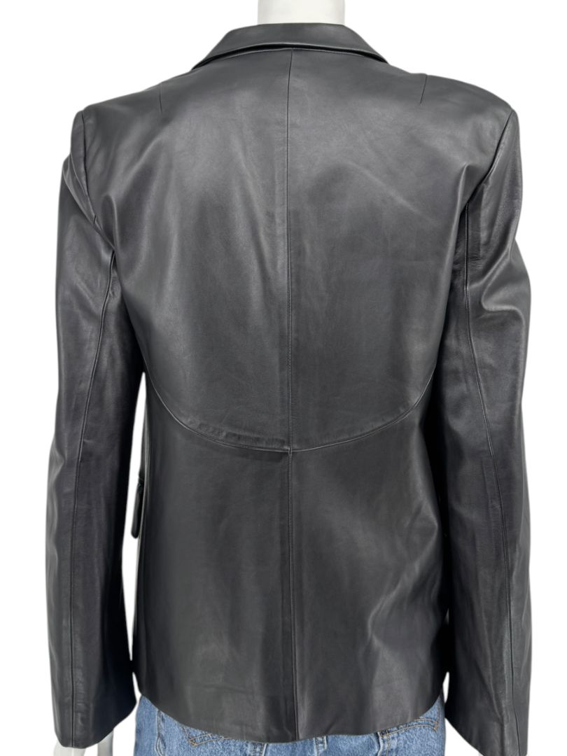 DKNY Black Genuine Leather Blazer Jacket Size 6 Tailored Notch Lapel Soft Leather