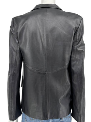 DKNY Black Genuine Leather Blazer Jacket Size 6 Tailored Notch Lapel Soft Leather