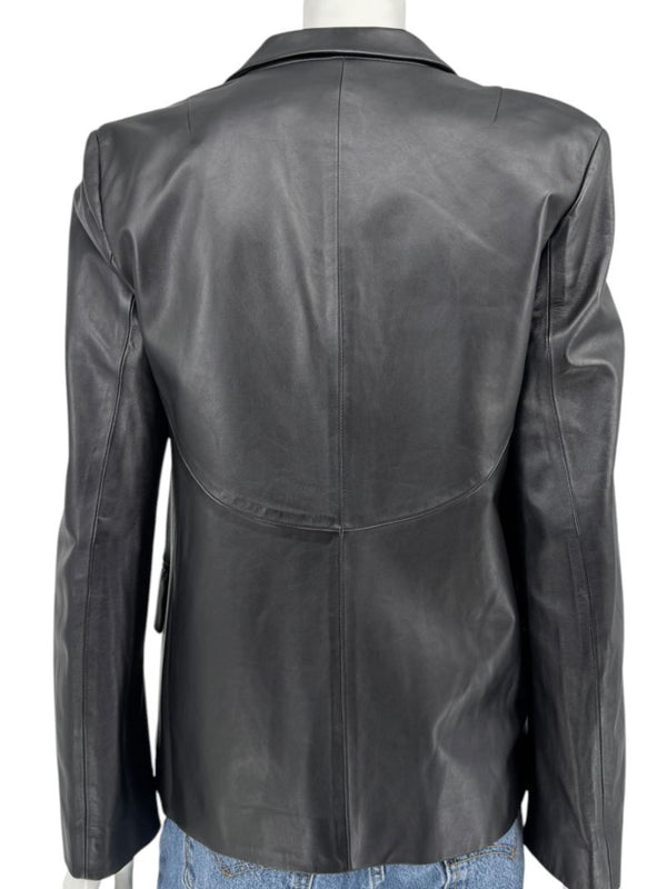 DKNY Black Genuine Leather Blazer Jacket Size 6 Tailored Notch Lapel Soft Leather