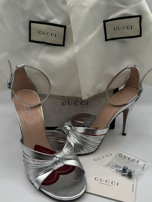 Gucci Crawford Metallic Silver Knotted Leather Sandals Pumps – Size 39 | Box & Accessories