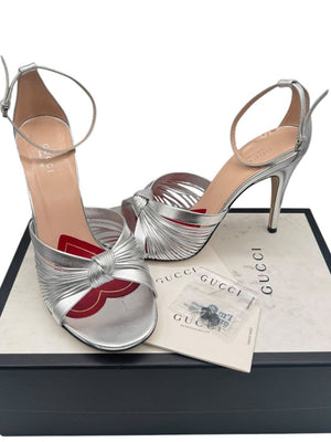 Gucci Crawford Metallic Silver Knotted Leather Sandals Pumps – Size 39 | Box & Accessories