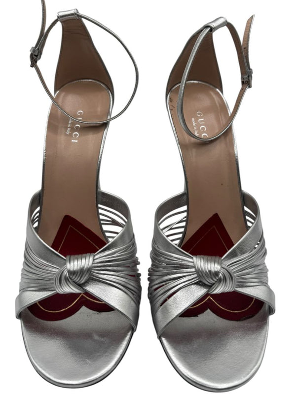 Gucci Crawford Metallic Silver Knotted Leather Sandals Pumps – Size 39 | Box & Accessories