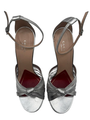 Gucci Crawford Metallic Silver Knotted Leather Sandals Pumps – Size 39 | Box & Accessories