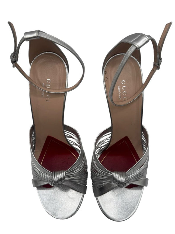 Gucci Crawford Metallic Silver Knotted Leather Sandals Pumps – Size 39 | Box & Accessories
