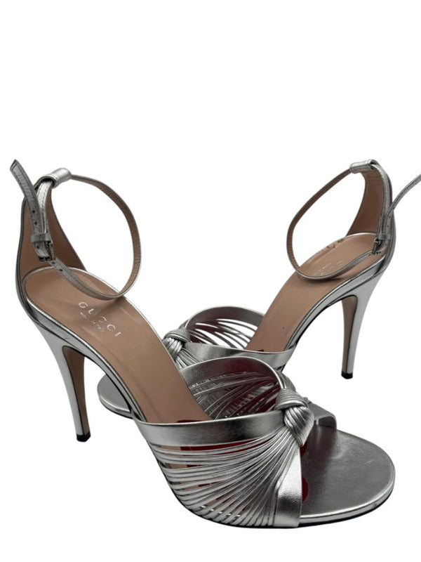 Gucci Crawford Metallic Silver Knotted Leather Sandals Pumps – Size 39 | Box & Accessories