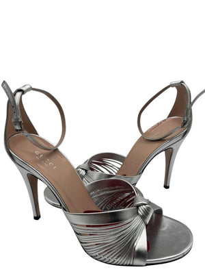 Gucci Crawford Metallic Silver Knotted Leather Sandals Pumps – Size 39 | Box & Accessories