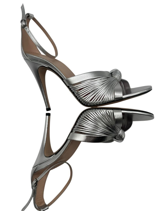 Gucci Crawford Metallic Silver Knotted Leather Sandals Pumps – Size 39 | Box & Accessories