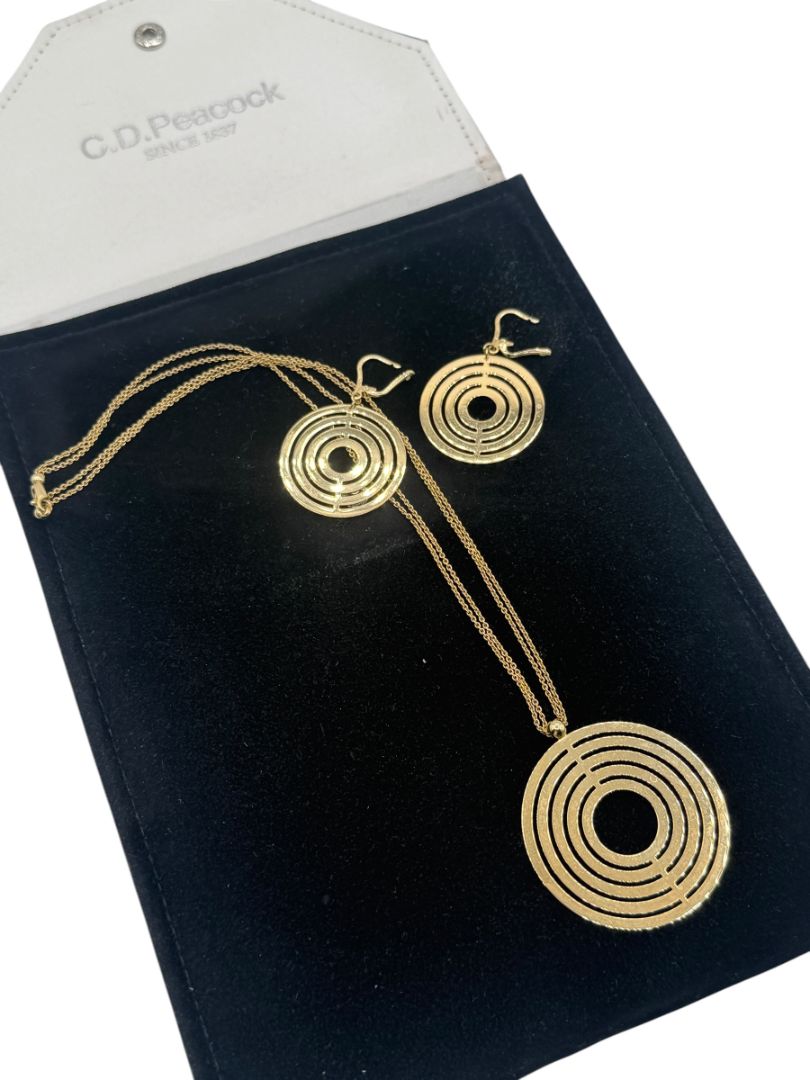 Vintage 14K Gold Concentric Circle Pendant Necklace & Matching Drop Earring Set