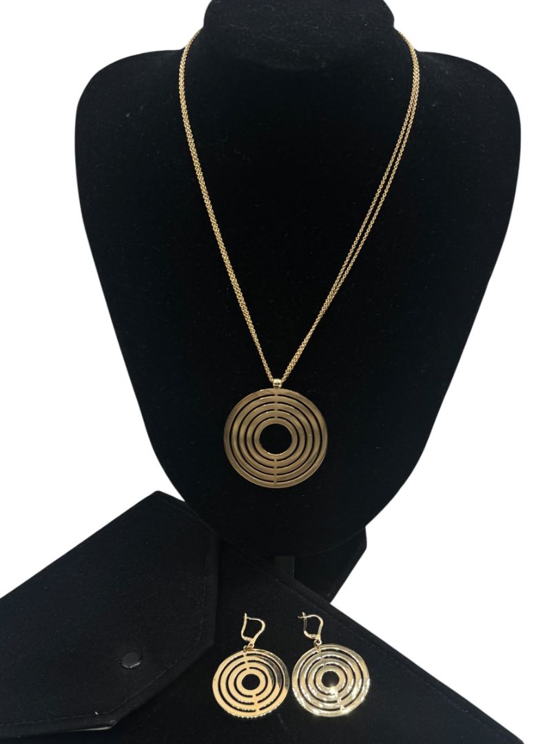 Vintage 14K Gold Concentric Circle Pendant Necklace & Matching Drop Earring Set
