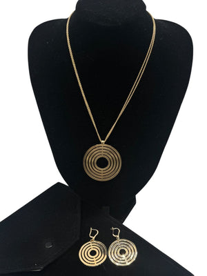 Vintage 14K Gold Concentric Circle Pendant Necklace & Matching Drop Earring Set