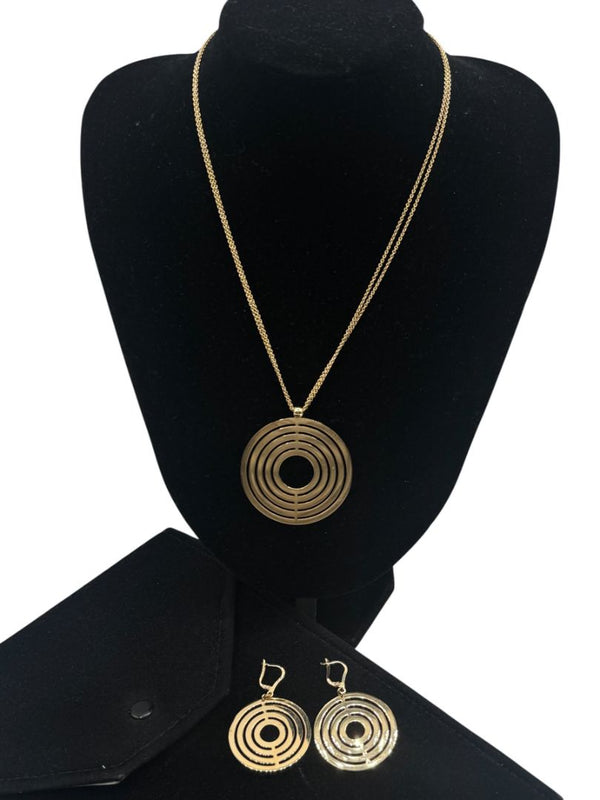 Vintage 14K Gold Concentric Circle Pendant Necklace & Matching Drop Earring Set