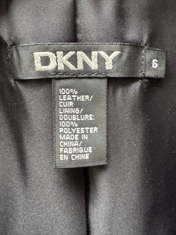 DKNY Black Genuine Leather Blazer Jacket Size 6 Tailored Notch Lapel Soft Leather