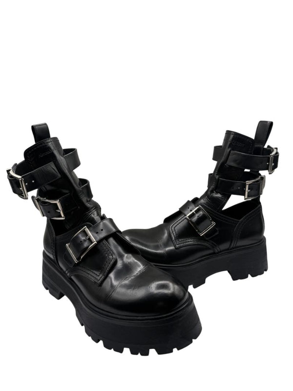 Alexander McQueen Black Leather Rave Buckle Ankle Boots – Women’s Size 40