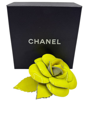 Vintage Chanel Lime Patent Leather Camellia Brooch / Pin