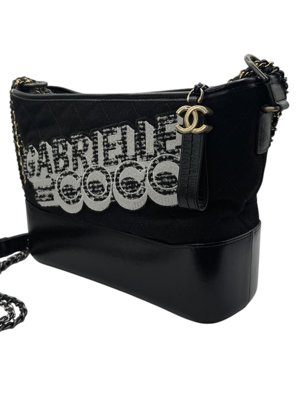 Chanel Gabrielle Coco Logo Wool & Calfskin Hobo Bag | Black | FW 2017 | Authenticity Card