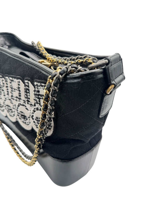 Chanel Gabrielle Coco Logo Wool & Calfskin Hobo Bag | Black | FW 2017 | Authenticity Card