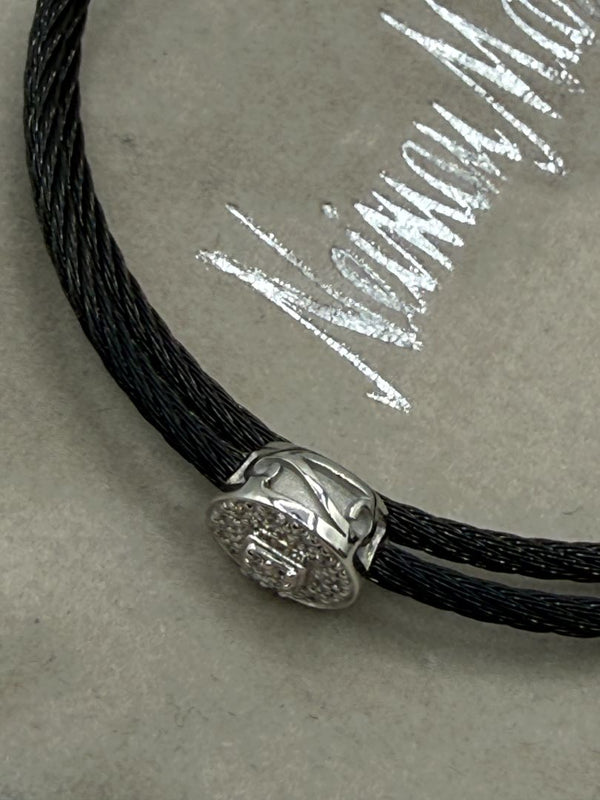 ALOR 18k White Gold Diamond Round Station Black Steel Multi-Row Bracelet NWT
