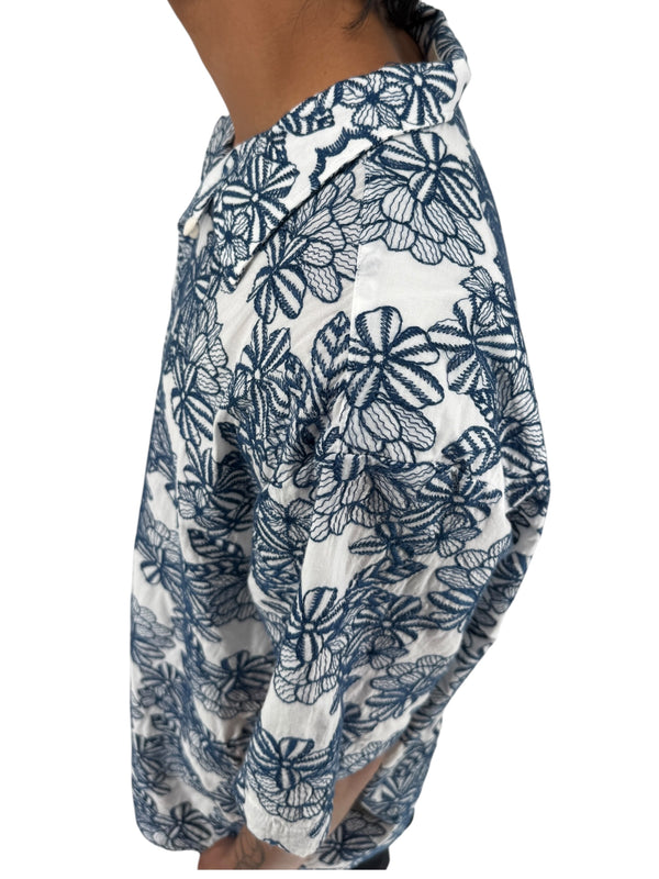 Ted Baker London Floral Camp Collar Shirt XXL Size 7 White Navy Cotton