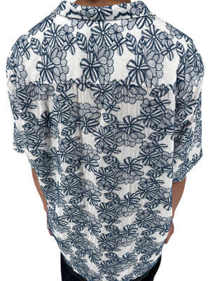 Ted Baker London Floral Camp Collar Shirt XXL Size 7 White Navy Cotton