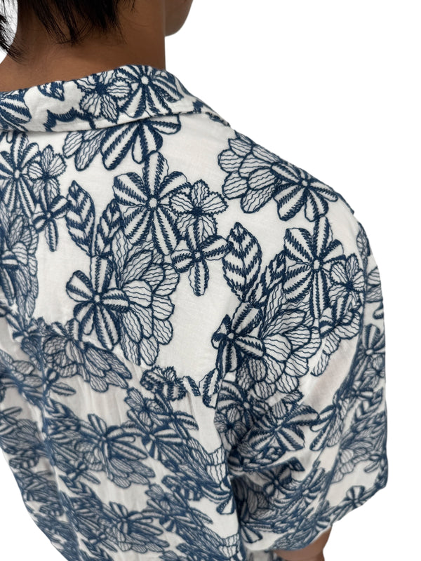 Ted Baker London Floral Camp Collar Shirt XXL Size 7 White Navy Cotton