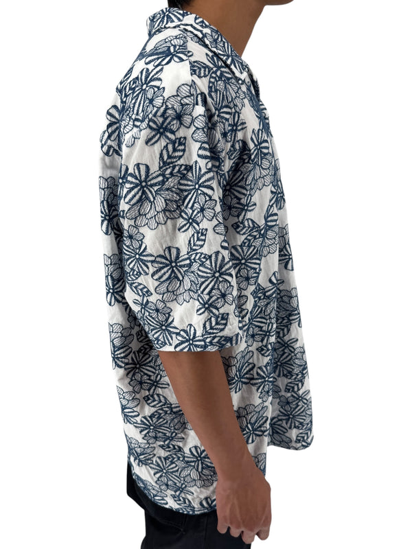Ted Baker London Floral Camp Collar Shirt XXL Size 7 White Navy Cotton