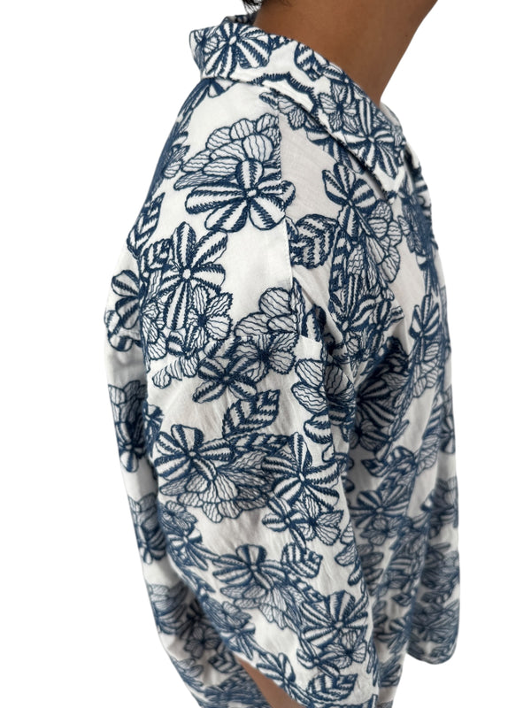Ted Baker London Floral Camp Collar Shirt XXL Size 7 White Navy Cotton