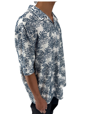 Ted Baker London Floral Camp Collar Shirt XXL Size 7 White Navy Cotton