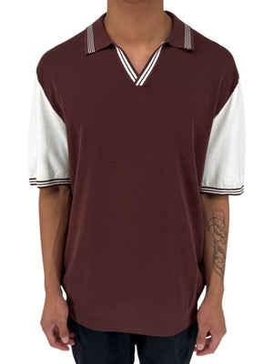 REISS Shark Knit Polo Shirt XXL Brown Ivory Modal Cotton Johnny Collar Men's