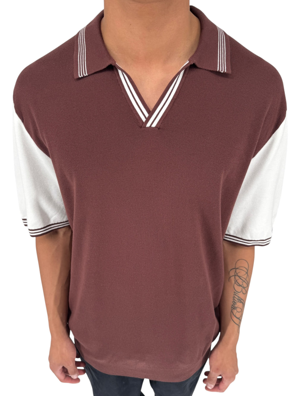 REISS Shark Knit Polo Shirt XXL Brown Ivory Modal Cotton Johnny Collar Men's