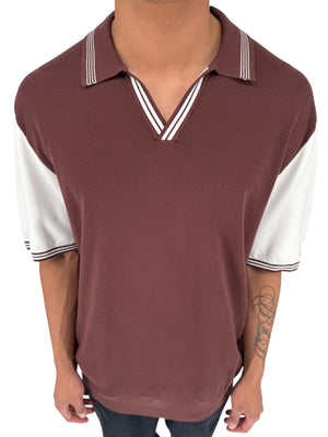 REISS Shark Knit Polo Shirt XXL Brown Ivory Modal Cotton Johnny Collar Men's