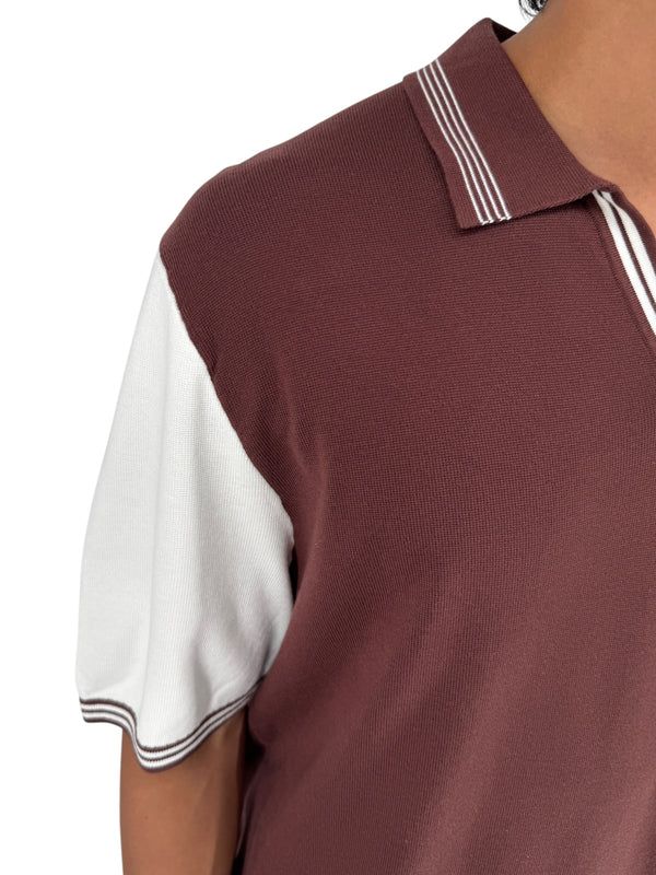 REISS Shark Knit Polo Shirt XXL Brown Ivory Modal Cotton Johnny Collar Men's