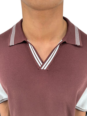 REISS Shark Knit Polo Shirt XXL Brown Ivory Modal Cotton Johnny Collar Men's