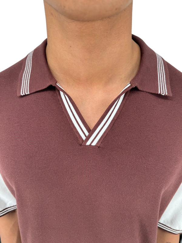 REISS Shark Knit Polo Shirt XXL Brown Ivory Modal Cotton Johnny Collar Men's
