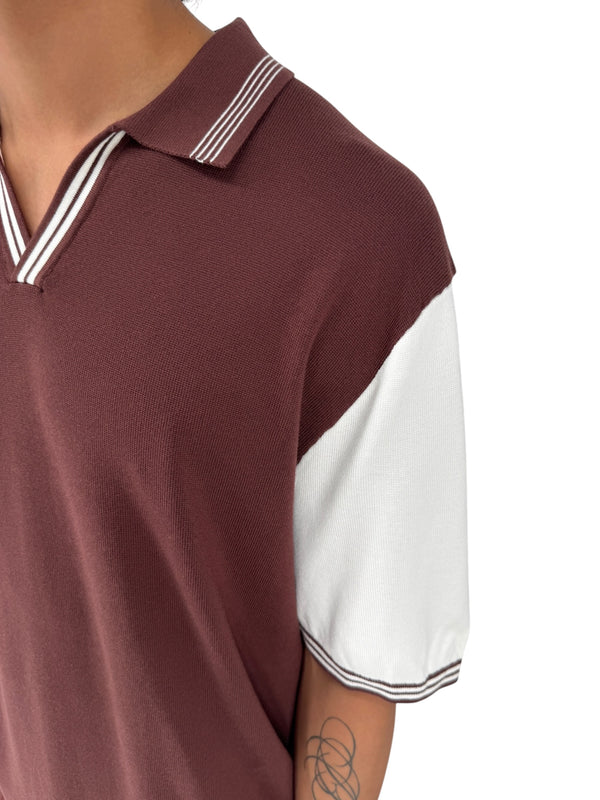 REISS Shark Knit Polo Shirt XXL Brown Ivory Modal Cotton Johnny Collar Men's