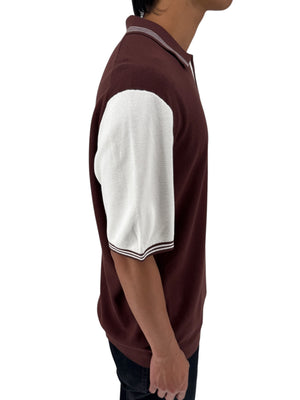 REISS Shark Knit Polo Shirt XXL Brown Ivory Modal Cotton Johnny Collar Men's