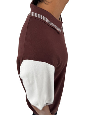 REISS Shark Knit Polo Shirt XXL Brown Ivory Modal Cotton Johnny Collar Men's