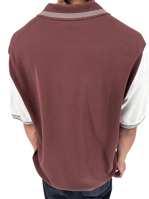 REISS Shark Knit Polo Shirt XXL Brown Ivory Modal Cotton Johnny Collar Men's