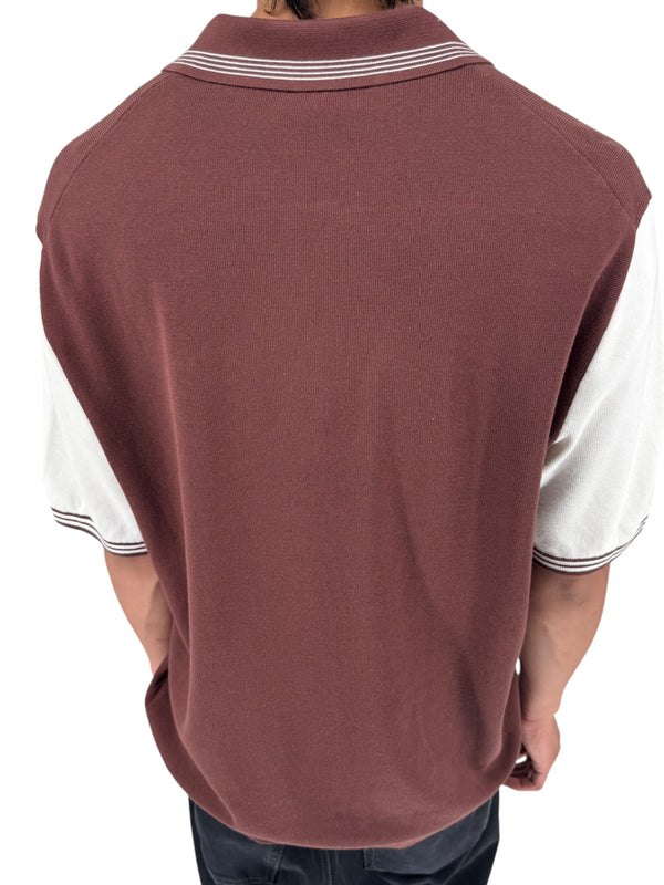 REISS Shark Knit Polo Shirt XXL Brown Ivory Modal Cotton Johnny Collar Men's