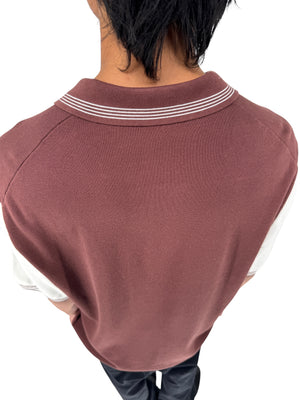 REISS Shark Knit Polo Shirt XXL Brown Ivory Modal Cotton Johnny Collar Men's