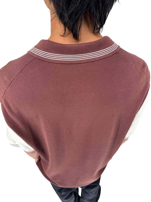 REISS Shark Knit Polo Shirt XXL Brown Ivory Modal Cotton Johnny Collar Men's