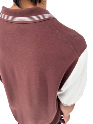 REISS Shark Knit Polo Shirt XXL Brown Ivory Modal Cotton Johnny Collar Men's
